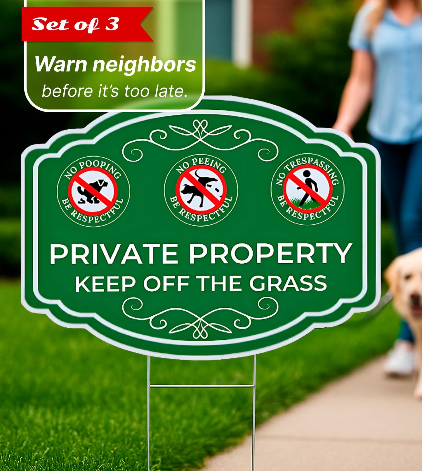 3X Double Sided 12x16 Inches Private Property Keep Off The Grass Yard Plastic Signs with Metal Stakes