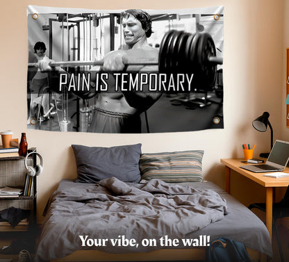 3x5 Ft Schwarzenegger Polyester Flag with 4 Grommets - Pain is Temporary Motivational Gym Single Sided Flags - Inspire Your Workout Banner