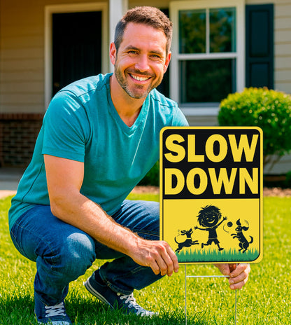 Set of 3 Double Sided 12x16 Inches "Slow Down" Sign with Metal H-Stakes - Caution Children at Play Plastic Signs for Avenue