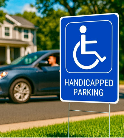 Set of 3 Handicapped Parking Sign with Metal Wire H-Stakes - Double Sided Plastic Reserved Parking Signs.12x16 Inches Yard for Handicapped Only Signs