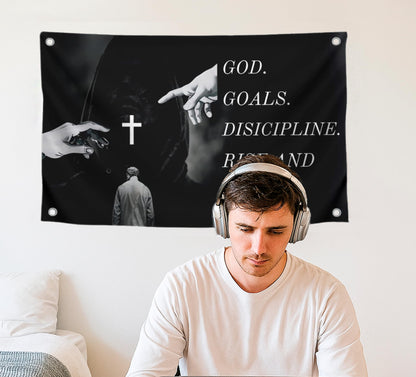 3x5 Feet Bible Verses Polyester Flag God. Goals. Discipline Rise and Grind with Four Brass Grommets - God's Discipline Flags for Wall Decoration