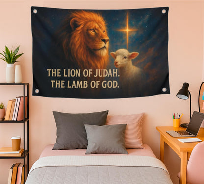 3x5 Feet Flag with Animals and Bible Quote "The Lion. The Lamb Of God" with Four Brass Grommets - Polyester Durable Banners for Wall Decoration