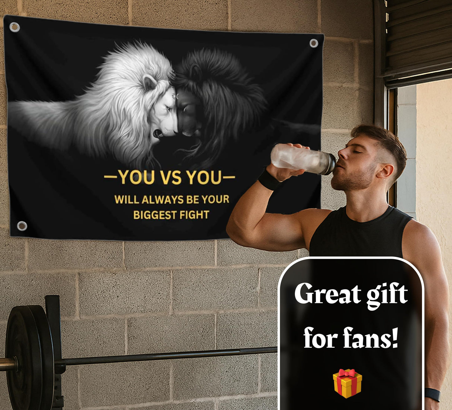 3x5 Feet Lion Motivation Quote Polyester Flag You vs You - Will Always Be Your Biggest Fight with Four Brass Grommets - Grand Battle Is Ending Decor