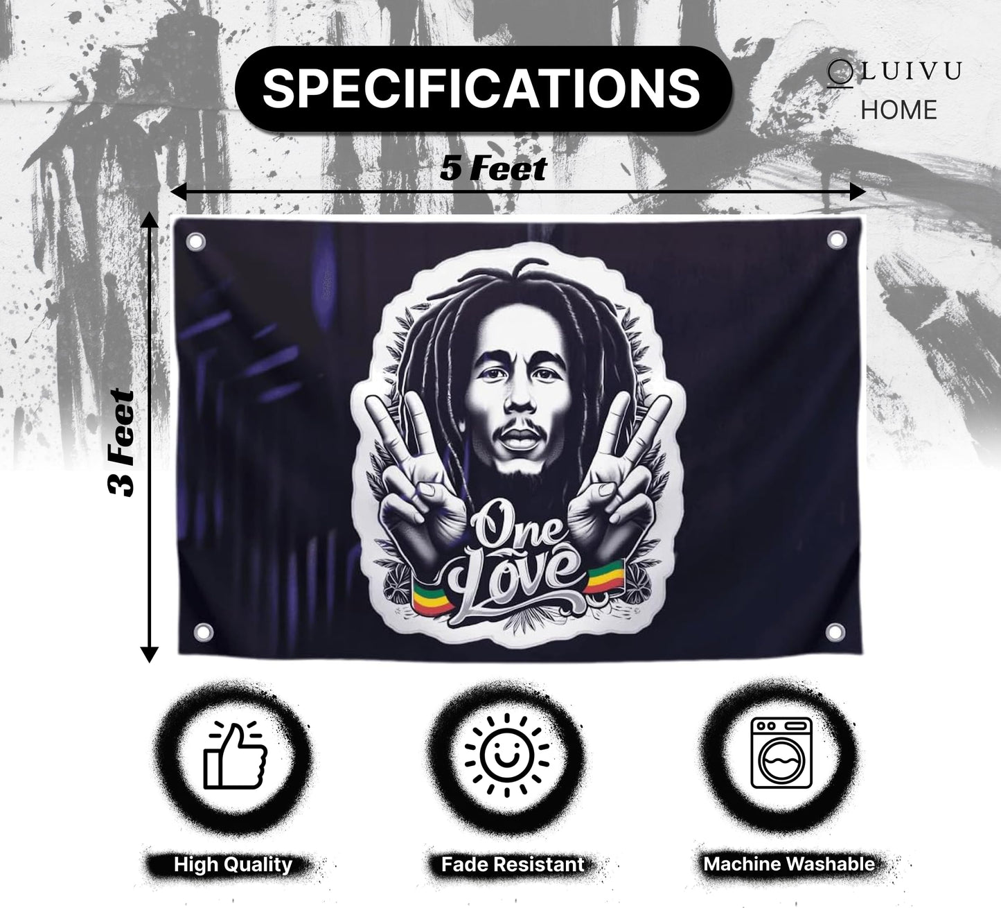3x5 Feet Marley Wall Hanging Tapestry Flag with One Love with Four Brass Grommets - Aesthetic Rasta Stoners Tapastry - Hippie Decorations Posters