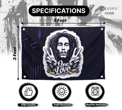 3x5 Feet Marley Wall Hanging Tapestry Flag with One Love with Four Brass Grommets - Aesthetic Rasta Stoners Tapastry - Hippie Decorations Posters