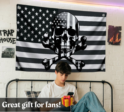 3x5 Ft American Skull Polyester Flags with 4 Brass Grommets - Pirate USA Flag or US Black Boat Single Sided Flags or Banners Man Cave Skull Bones Fun