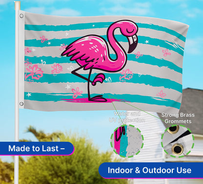 3x5 Feet Pink Flamingo Flag with 2 Brass Grommets - Single Sided Banner Tropical Bird Flower Stripe Flags - Big Flag Outdoor Indoor