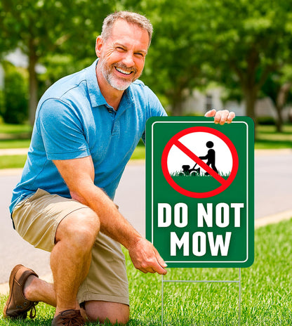 Set of 3 Double Sided 12x8 Inches Do Not Mow Sign with Metal Stakes.Plastics Garden Mow Signs for Outdoor and Indoor.No Mowing Beyond This Point Sign