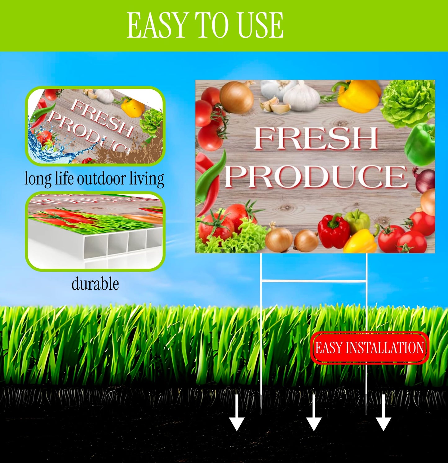 Set of 3 Double Sided 12x16 Inches Fresh Produce Sign with Metal H-Stakes - Vegetable Sign Outdoor or Indoor Yard Signs
