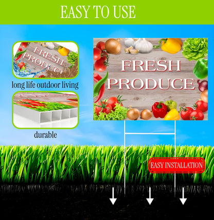 Set of 3 Double Sided 12x16 Inches Fresh Produce Sign with Metal H-Stakes - Vegetable Sign Outdoor or Indoor Yard Signs