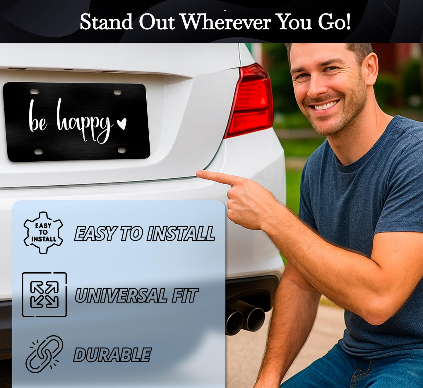 6x12.25 Inch Be Happy Decorative Car Front License Plate Frame with 4 Holes and Screws - Stainless Steel License Plate Frame for Men/Women