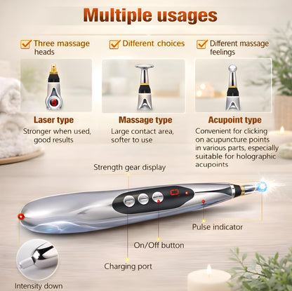 Acupuncture Pen Electronic.USB Rechargeable Pain Relief Electric - for Meridians Energy Pens Massager.Massage Tool with 3 Massage Heads, 2 Massage Gel