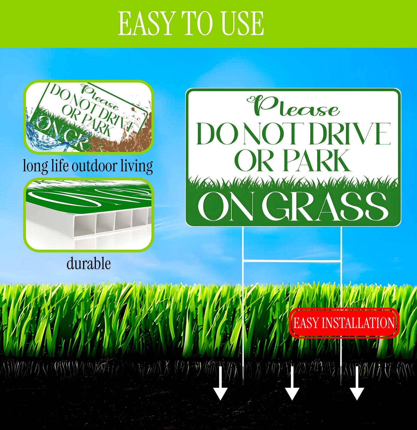 8x12 inch 6X Please Do Not Drive or Park on Grass Yard Plastic Sign With H-Stakes