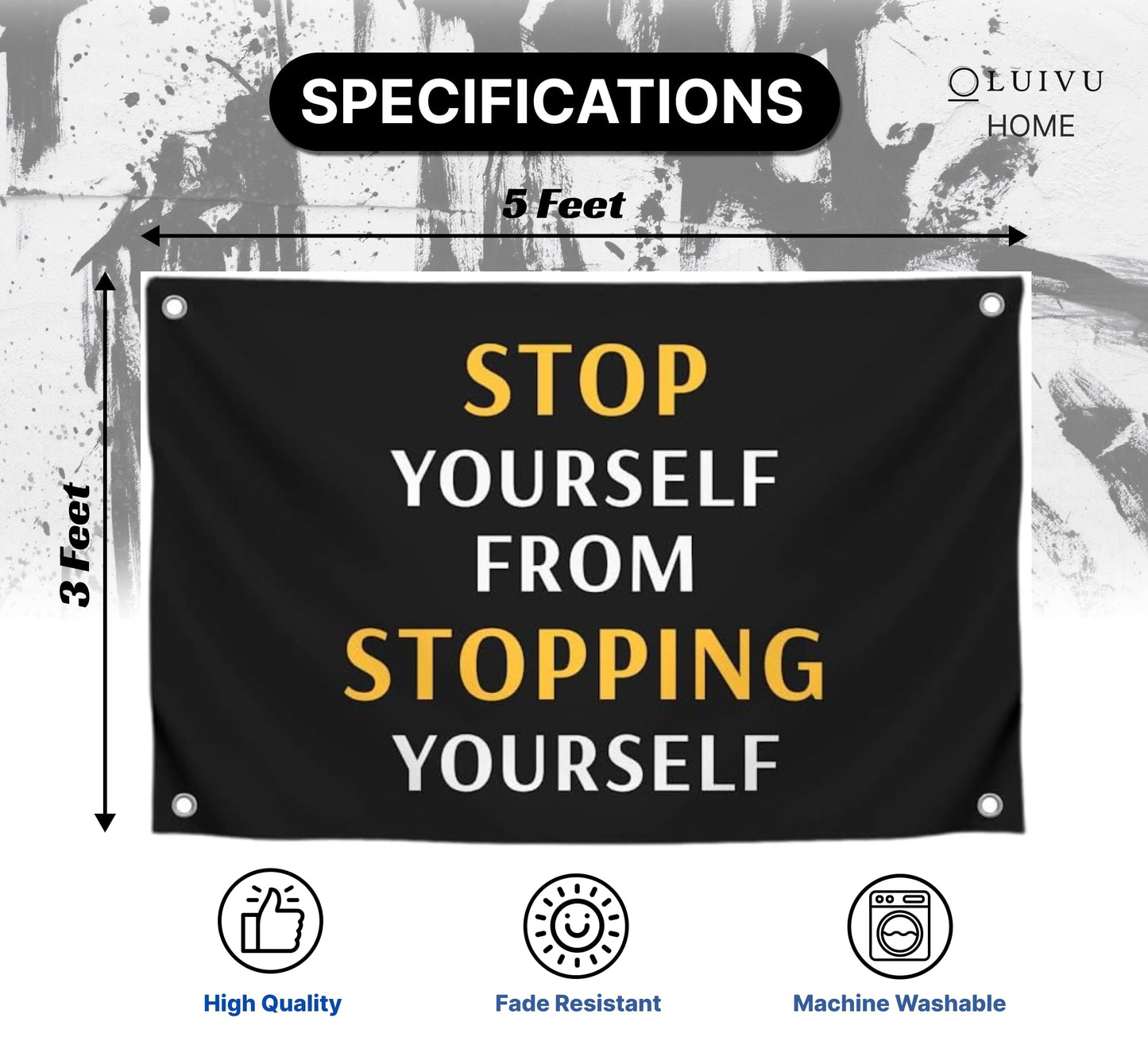 3x5 Feet Motivation Single Sided Flags with Quote "Stop Your Self From Stopping Yourself" with Four Brass Grommets - Inspirational Wall Banner for Gym