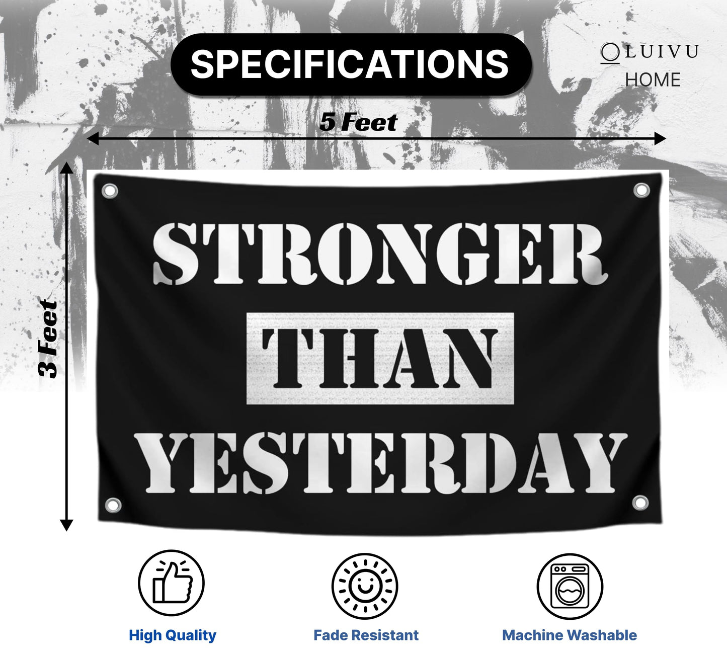 3x5 Ft Stronger Than Yesterday Polyester Flags with 4 Grommets - Motivational Fitness Inspirational Single Sided Flag for Home or Gym