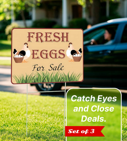 Set of 3 Double Sided 12x16 Inches Fresh Eggs For Sale Sign with Metal H-Stakes - Plastic Sign Fresh or Egg Sign for Outdoor and Indoor