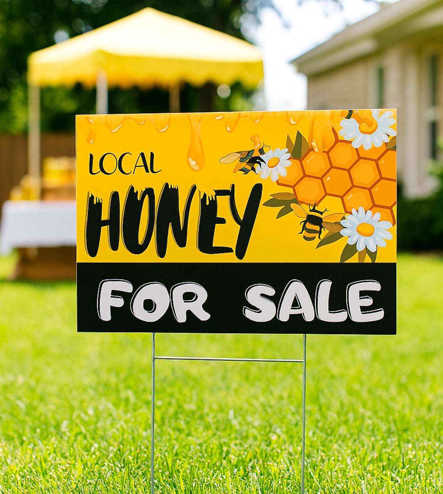 Set of 3 Double Sided 12x16 Inches Local Honey For Sale Yard Sign with Metal H-Stakes - Local Honey Sale Signs for Farm Garden Lawn Outdoor