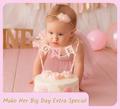8x6 Inch Paper One Cake Topper for Baby Girls - Pink and Gold Cake Topper Banner for 1st Birthday - First Cake Topper or Paper Straw Cake Toppers
