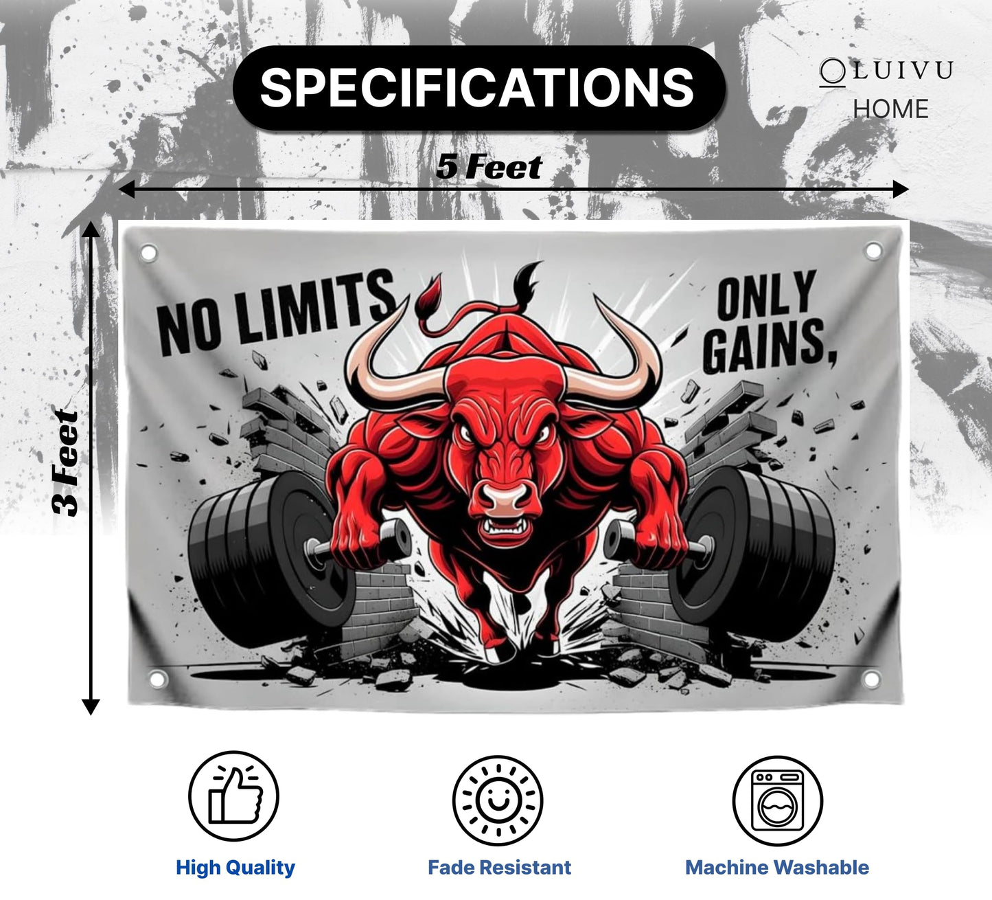 3x5 Feet Red Bull Motivation Flag "No Limits, Only Gains" with Four Brass Grommets. Polyester Animals Yard Outdoor or Indoor Banner.Bull Inspirational