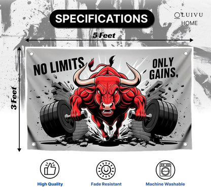 3x5 Feet Red Bull Motivation Flag "No Limits, Only Gains" with Four Brass Grommets. Polyester Animals Yard Outdoor or Indoor Banner.Bull Inspirational