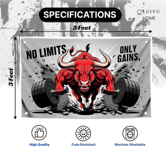 3x5 Feet Red Bull Motivation Flag "No Limits, Only Gains" with Four Brass Grommets. Polyester Animals Yard Outdoor or Indoor Banner.Bull Inspirational