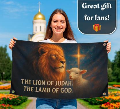 3x5 Feet Flag with Animals and Bible Quote "The Lion. The Lamb Of God" with Four Brass Grommets - Polyester Durable Banners for Wall Decoration