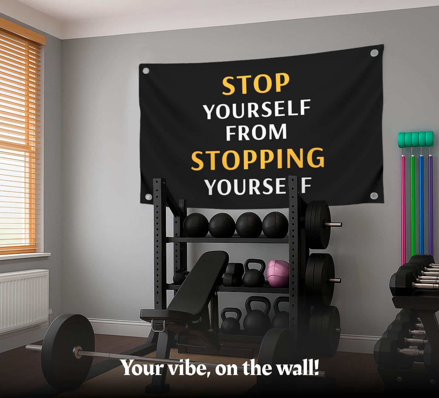 3x5 Feet Motivation Single Sided Flags with Quote "Stop Your Self From Stopping Yourself" with Four Brass Grommets - Inspirational Wall Banner for Gym