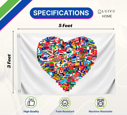 3x5 Feet World Single Sided Flags with 2 Grommets - Peace Love Heart International Global World Country Outdoor Garden Flag - Home Decor Standing