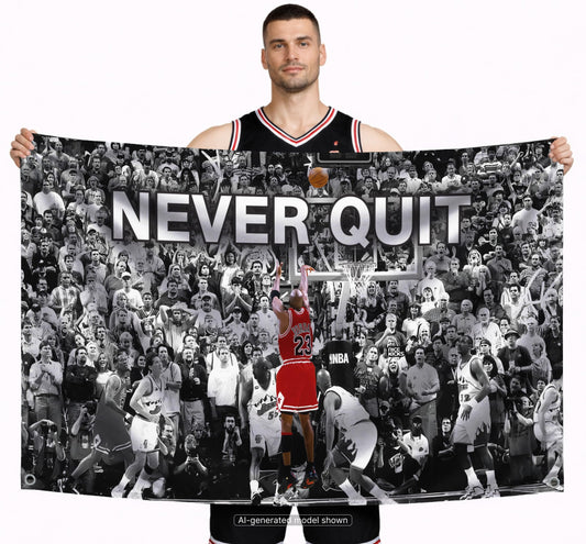 3x5 ft Never Quit Motivational Flag – Home Gym Wall Banner