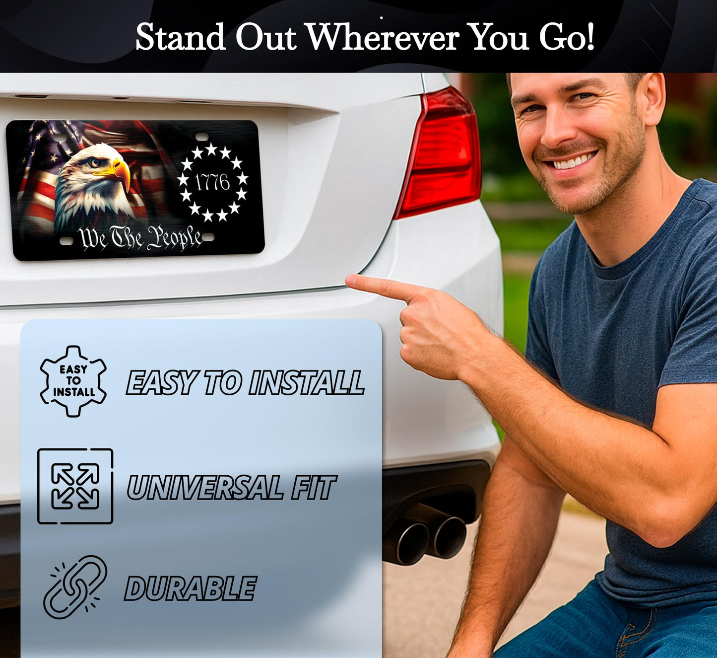 6x12.25 Inch American Vanity Aluminum Car License Plate Frame with 4 Holes and Screws for Front We The People