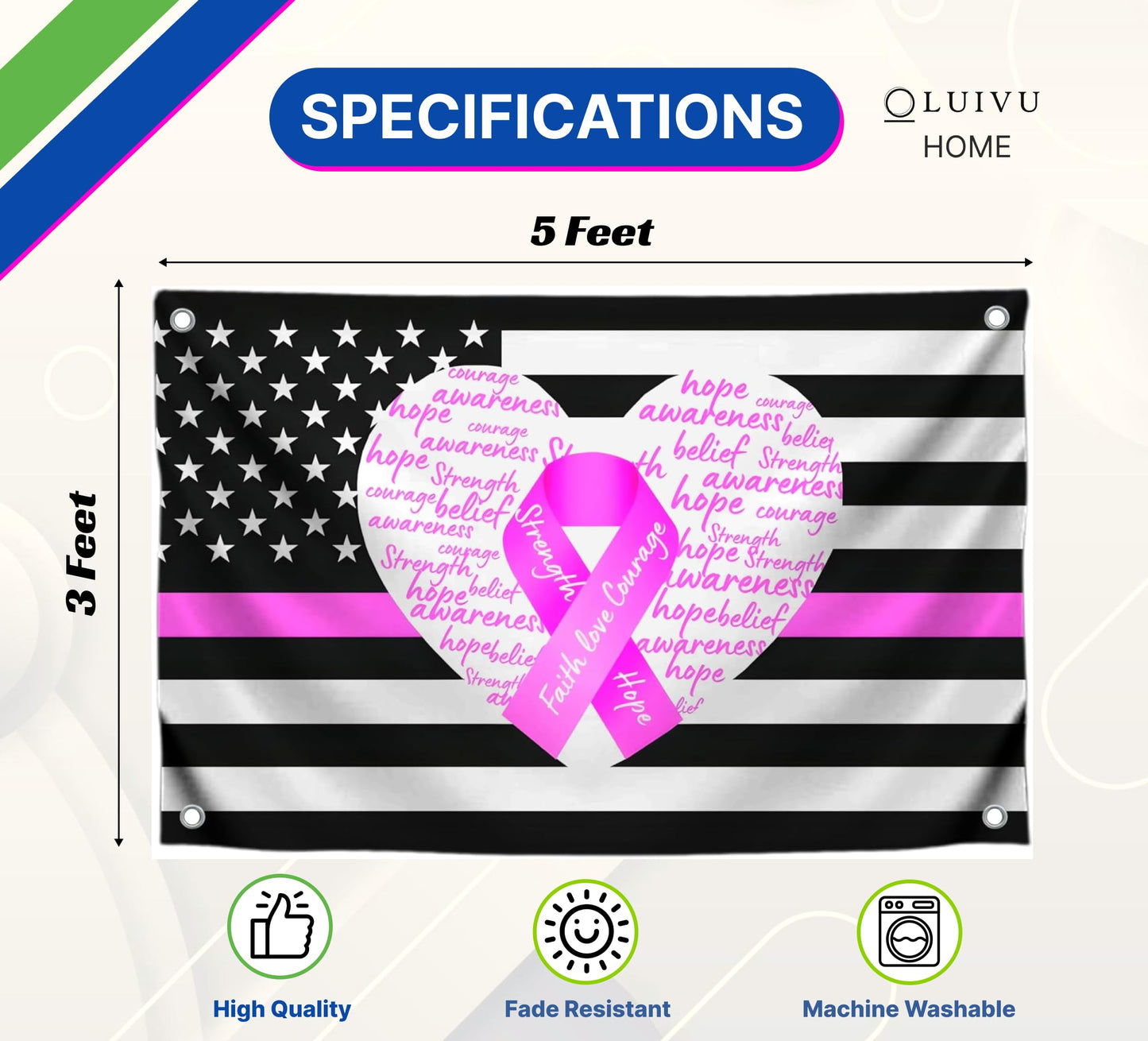 3x5 Fееt Breast Cancer Awareness Ribbon Polyester Flag with 4 Brass Grommets - Outdoor Hope Faith Courage Strength Decor Single Sided Banner