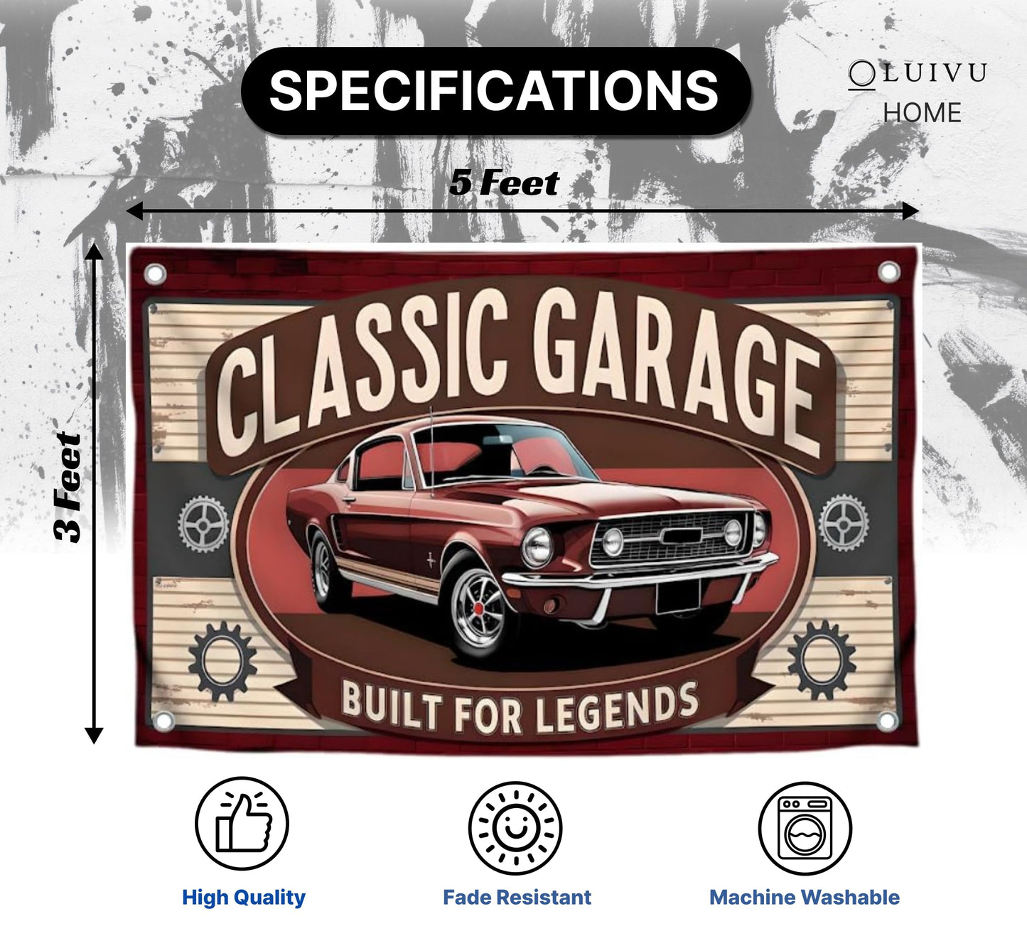 3x5 Feet Funny Flag with Cool Car and Quote "Classic Garage Built for Legends” with Four Brass Grommets - Polyester Decorative Wall Flags for Guest