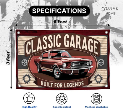3x5 Feet Funny Flag with Cool Car and Quote "Classic Garage Built for Legends” with Four Brass Grommets - Polyester Decorative Wall Flags for Guest