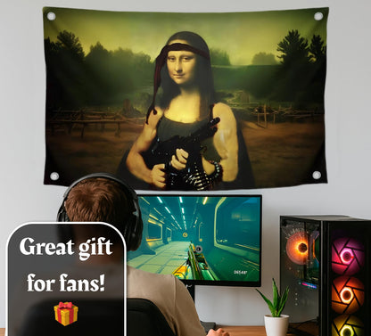 3x5 Feet Tapestry Flag Mona Lisa with a Machine Gun with Four Brass Grommets - Cool Flags for Decor Boys Room
