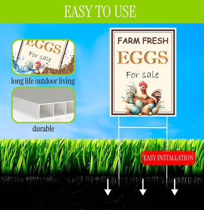 Set of 3 Double Sided 12x16 Inches Farm Fresh Eggs For Sale Sign with Metal H-Stakes - Plastic Farm Fresh Eggs Sold Here Yard Sign
