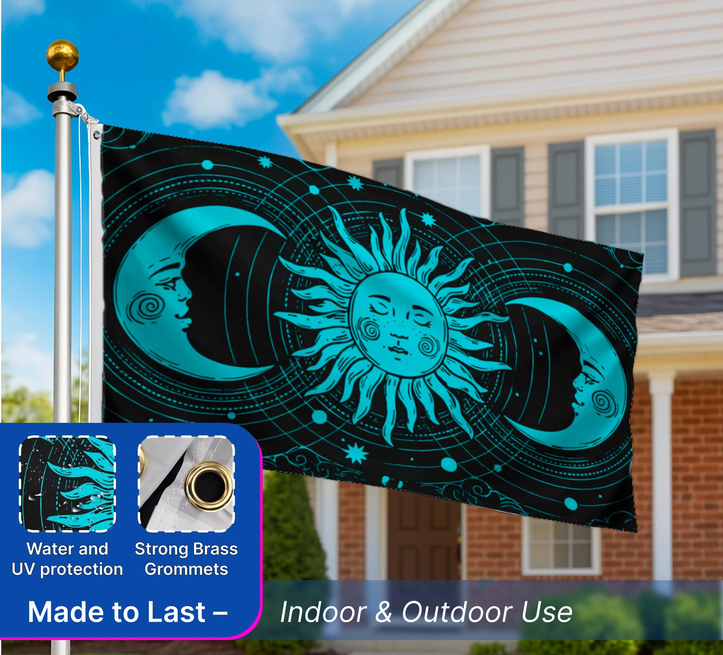 3x5 Feet Feet Sun and Moon Celestial Hippie Black Art Polyester Flags with 2 Grommets - Spring Summer Holiday Garden Decor for Outside or Inside
