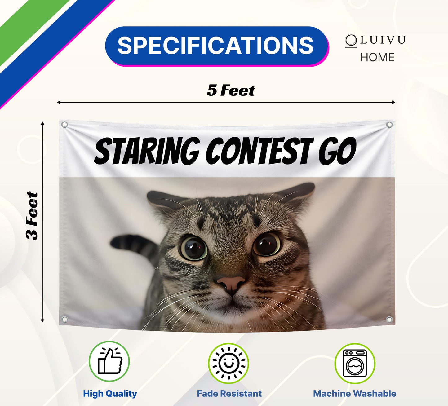 3x5 Feet Cats Meme Flag with Quote "Staring Contest Go" with Four Brass Grommets - Single Sided Funny Banner for Wall Bedroom Decoration