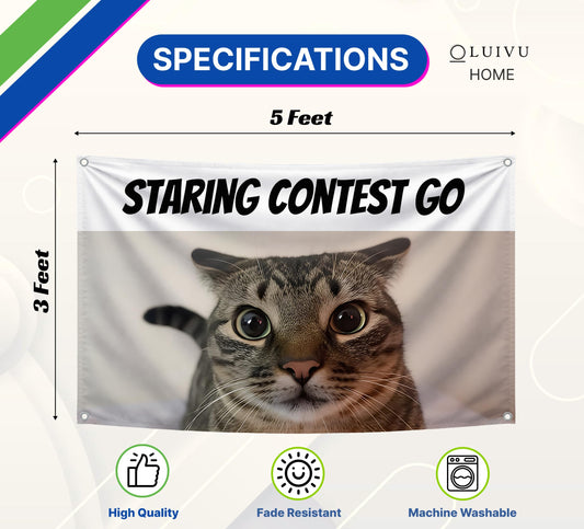 3x5 Feet Cats Meme Flag with Quote "Staring Contest Go" with Four Brass Grommets - Single Sided Funny Banner for Wall Bedroom Decoration