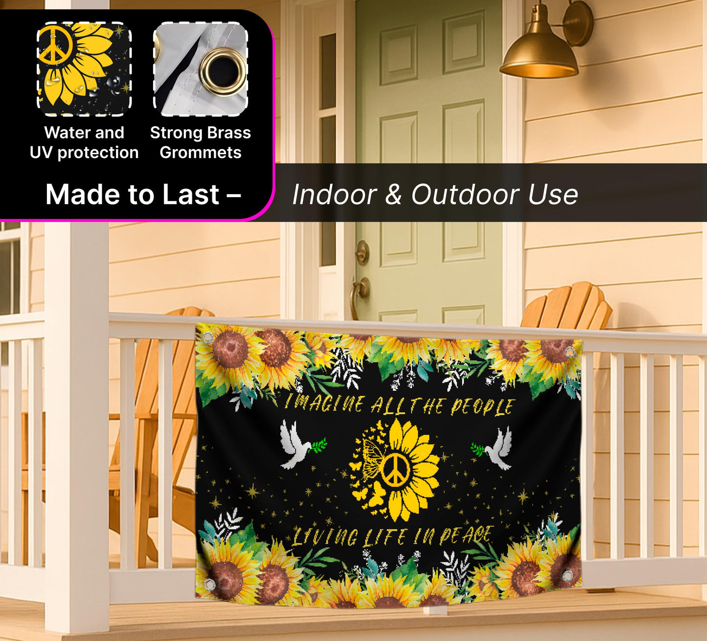 3x5 Feet Peace Polyester Flag with 4 Grommets - Imagine All The People Living Life In Peace Banners - Hippie Sunflower Single Sided Flags Garden House