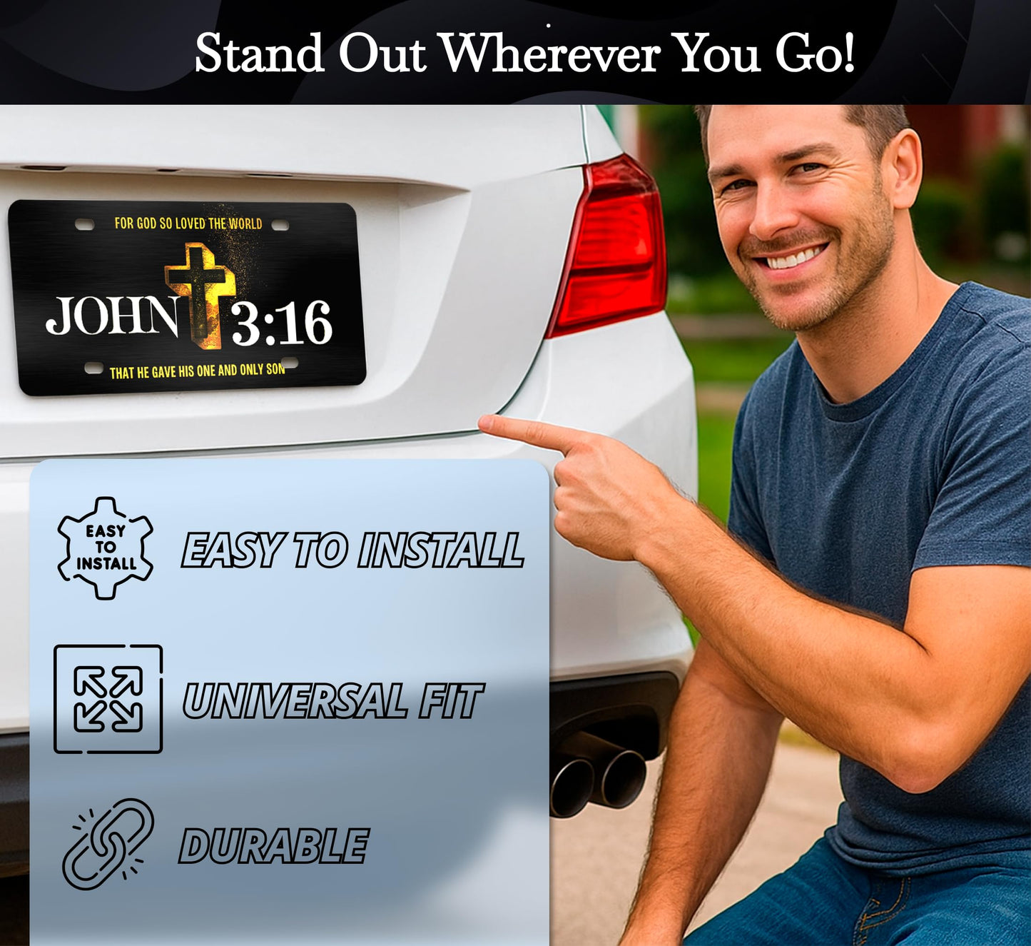 6x12.25 Inch Personalized John 3:16 Religious License Plate Frame with 4 Holes and Screws - Standart Cars USA Frame for Front