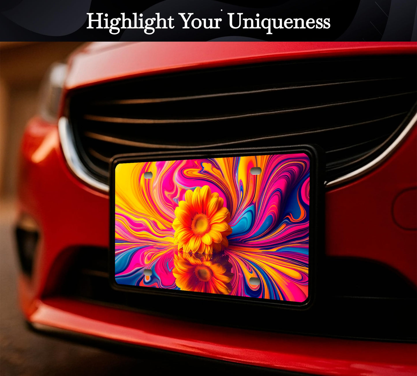 6x12.25 Inch Front Bright Sunflower in Water License for US Standard Plate Frame - Car Frames Abstract Reflection Wave Floral with 4 Holes and Screws