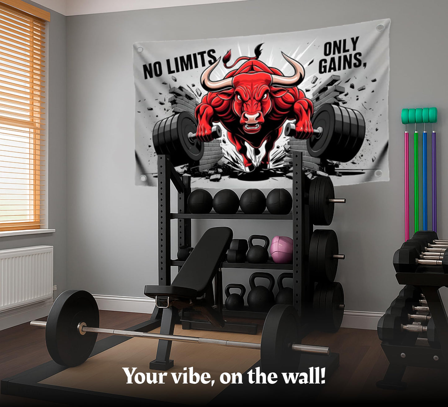 3x5 Feet Red Bull Motivation Flag "No Limits, Only Gains" with Four Brass Grommets. Polyester Animals Yard Outdoor or Indoor Banner.Bull Inspirational
