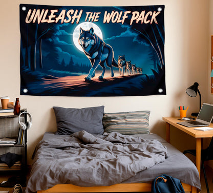 3x5 Feet Cool Wolf Quote Flag "Unleash the Wolf Pack" with 4 Brass Grommets - Flag with the Image of the Wolfes Pack for Wall Decoration