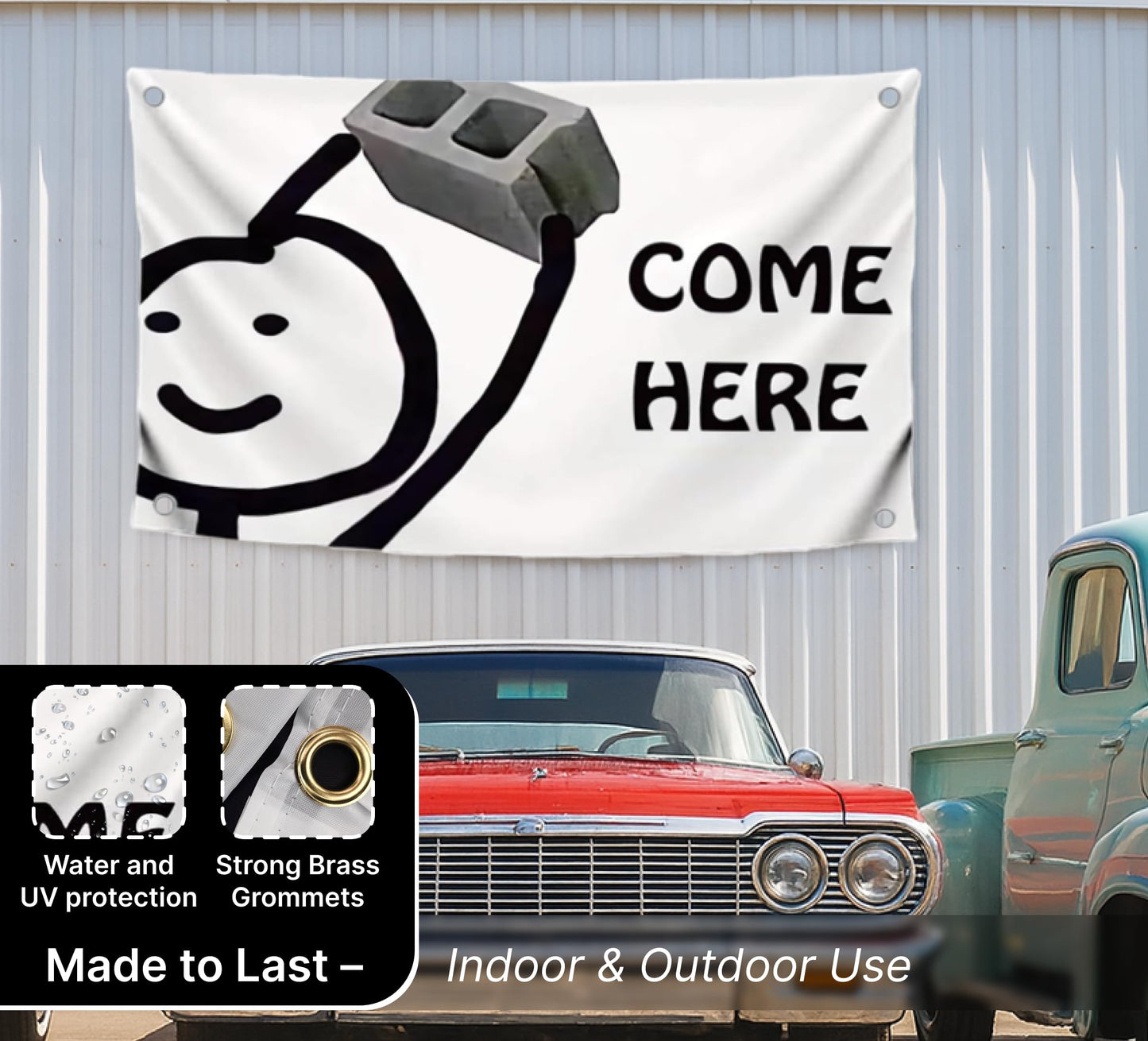 3x5 Ft Single Sided Flag with 4 Brass Grommets - Meme Polyester Flag with an Element of Black Humor "Come Here" - Cool Banner With Ironic Illustration