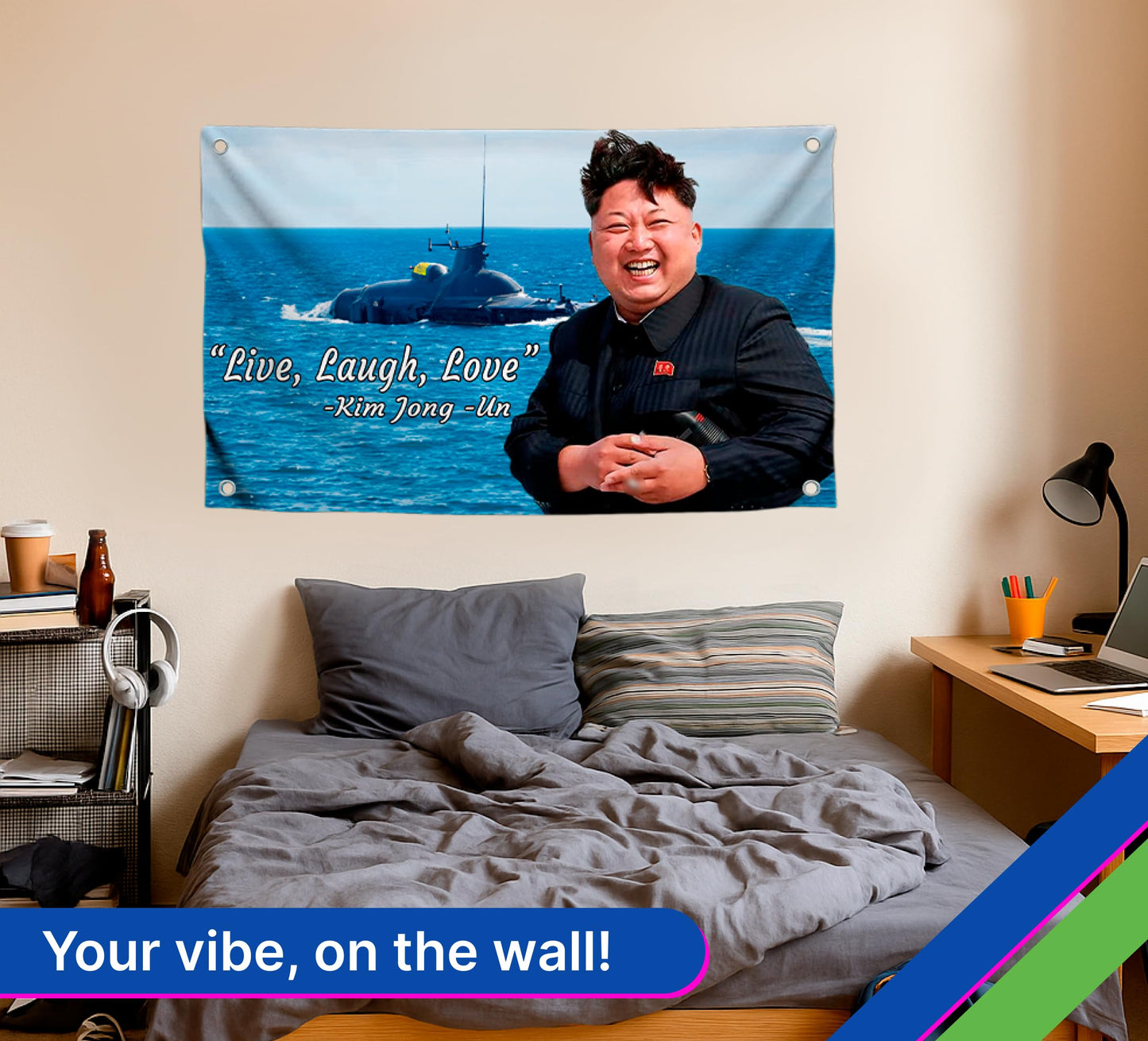 3x5 Feet Kim Jong Un Polyester Flag Live Laugh Love with 4 Grommets - Flags Indoor and Outdoor - Funny American Single Sided Flag Banner