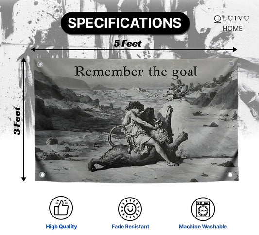 3x5 Feet Motivation Stoic Men Flag with Quote "Remember The Goal" with Four Brass Grommets - Aesthetic Banner for Wall Decoration