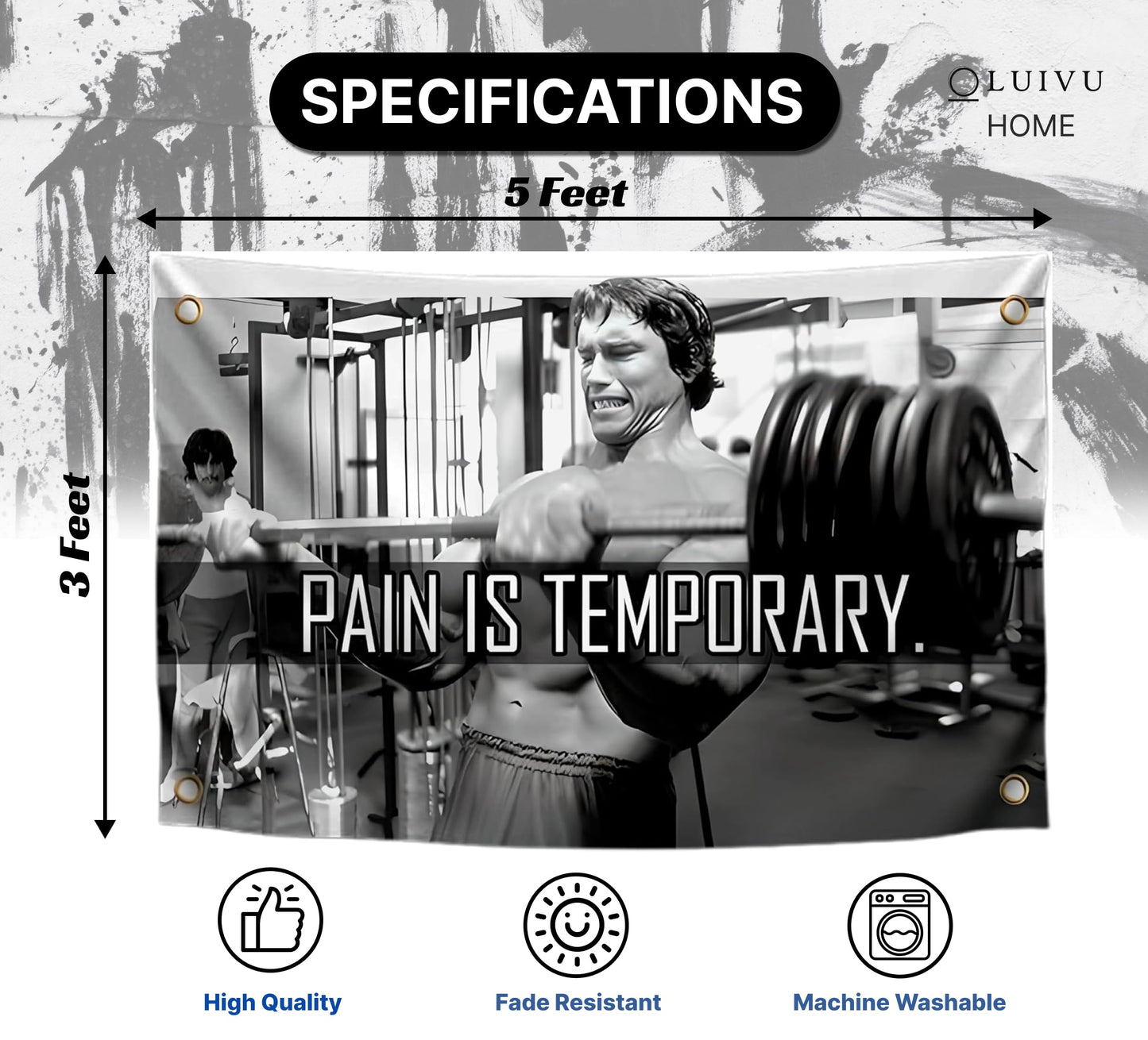 3x5 Ft Schwarzenegger Polyester Flag with 4 Grommets - Pain is Temporary Motivational Gym Single Sided Flags - Inspire Your Workout Banner