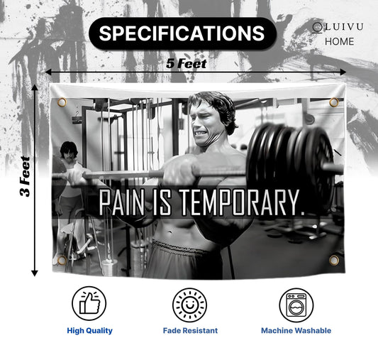 3x5 Ft Schwarzenegger Polyester Flag with 4 Grommets - Pain is Temporary Motivational Gym Single Sided Flags - Inspire Your Workout Banner