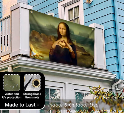 3x5 Feet Funny Mona Lisa Polyester Flag with Four Brass Grommets - Meme Flags with Demonstration of the heart for Outdoor and Indoor