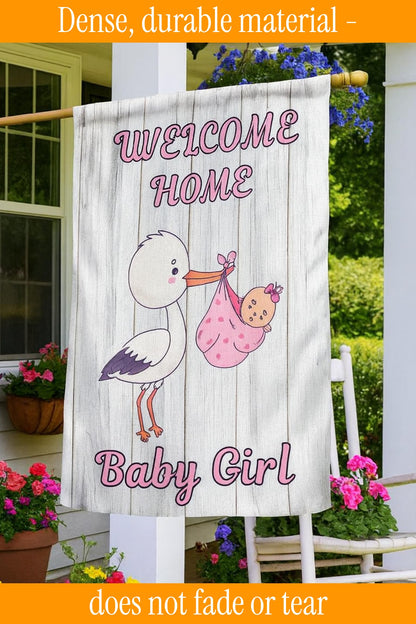 12x18 Inches Double Sided Welcome Home Baby Girl Garden Polyester Flags - Baby Shower Birth Announcement Family Party - Newborn Gender Reveal Pink